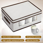 Uiifan 4 Pcs Mug Storage Box with Dividers 12 Compartment Stemware Storage Cases China Container Box with Lid, Handles, PVC Window for Moving, Beige