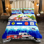 Erosebridal Kids Fire Trucks Car Comforter Set Full Size Cartoon Police Car Down Comforter Airplane Rescue Vehicles Beding Set Boys Girls Car Room Decor Soft Lightweight Duvet Set, Colorful Comforter