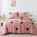 Love Pattern Girls Pink Comforter Set Twin Size, Cameo Brown Cute Love Heart Print Sexy Comforter Bedding Set for All Seasons, Geometric Soft Microfiber Comforter Set with Pillowcase
