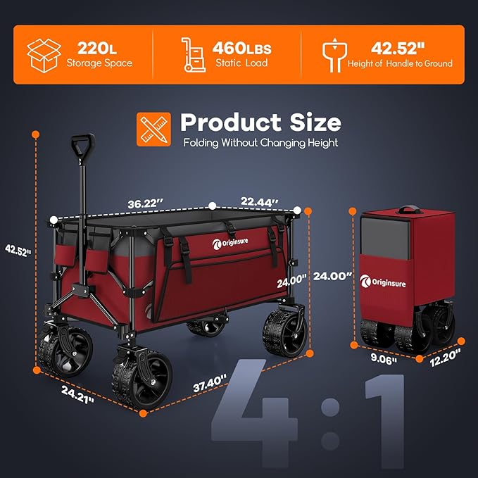 220L Collapsible Wagon Cart Foldable, 460lbs Load Capacity Heavy Duty Folding Beach Wagons with Big All-Terrain Wheels, Utility Carts for Groceries, Camping, Sports - Grey&Burgundy