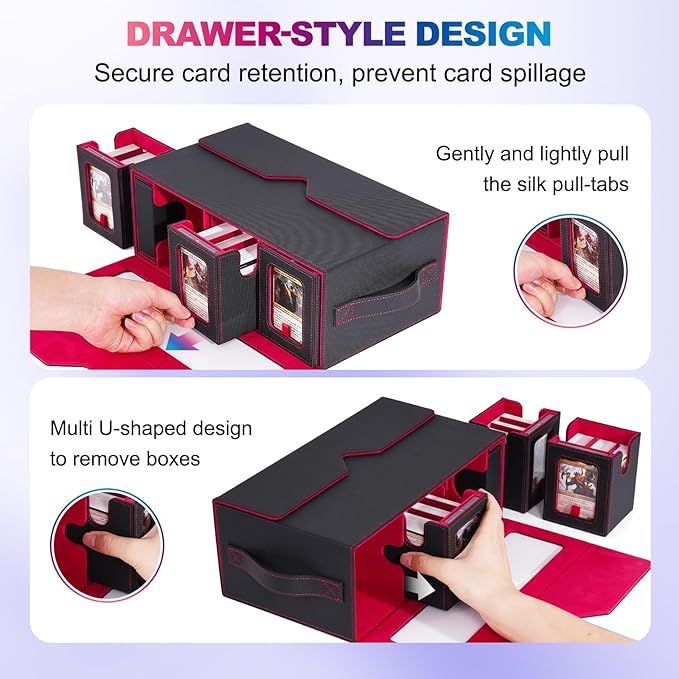 Commander Deck Box for MTG, 6-Deck Modular Card Case with Dice Tray Holds 600+ Double-sleeved Cards, Removable Trading Cards Storage Box with 35PT Magnetic Card Holders for TCG, Black Red