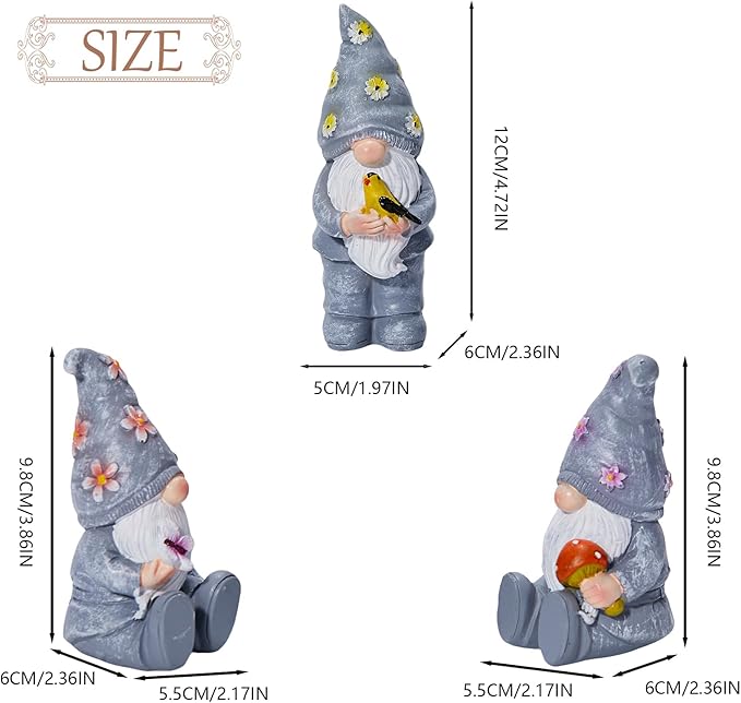 Artpaul 3 Pcs Gnomes Decorations Figurine Resin Statues,Cute Mushroom Bird Butterfly Gnomes for Home Table Shelf Gift Décor Accents (Grey)