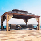 MELLCOM 12'x16' Hardtop Gazebo, Wood Grain Aluminum Frame Outdoor Gazebo with Double Galvanized Steel Roof, Permanent Metal Pavilion with Curtains and Nettings for Patio, Backyard, Deck and Lawns