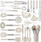 Kitchen Utensils Set-Silicone Cooking Utensils-33pcs Non-Stick Silicone Cooking Kitchen Utensils Spatula Set with Holder-Best Kitchen Cookware with Stainless Steel Handle (Khaki)