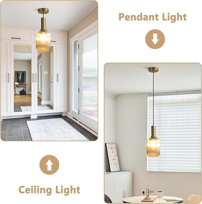 KCO Modern Brushed Gold Mini 5.1” Cylinder Amber Ribbed Glass Pendant Light | E26 Bulb Hardwired, Adjustable Cord Mid Century Vintage Brass Hanging Ceiling Lamp for Sloped Ceiling Kitchen Dining Room Bar