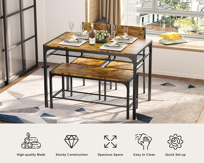 Gizoon 4-Piece Dining Table Set for 4, Kitchen Table with Bench Rustic | Space-saving rustic 4-piece dinette set with metal storage rack. Includes 2 ergonomic chairs and 1 bench. Easy to clean.