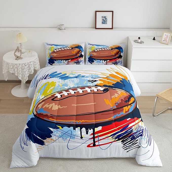 Boys Football Comforter Set Twin Kids Teen Sports Bedding Set Bedroom Decor,Watercolor Tie Dye Hand Drawn Graffiti Football Bedding Comforter Sets Rugby Quilt Duvet 1 Pillow Case Colorful Brown