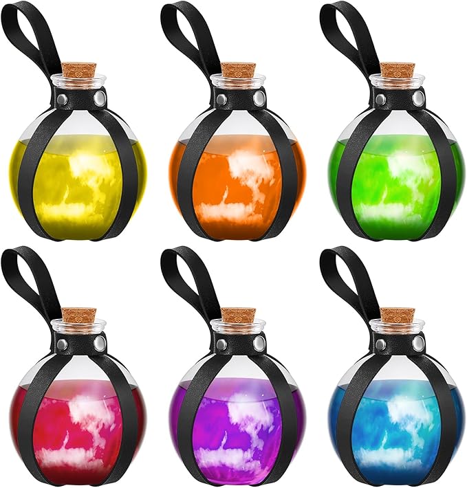 Patelai 6 Pcs Halloween Glass Potion Bottles with Belt Cork Renaissance Witch Costume Accessories Witch Props Potion Bottle for Halloween Party Decor Cosplay DIY Crafts Gift (Black)