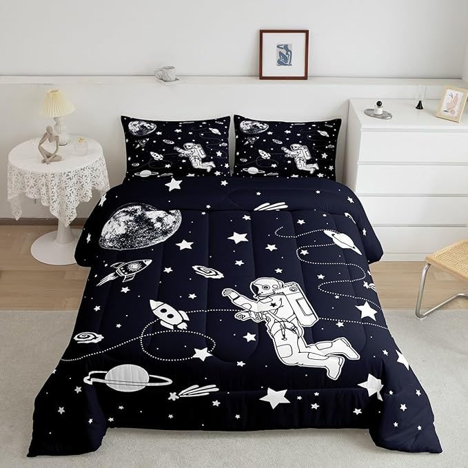 Feelyou Solar System Comforter Set Twin Size Outer Space Comforter for Kids Teens Adults Universe Planets Bedding Set Cute Astronaut Blue White Duvet Set Room Decor 2Pcs with 1 Pillow Case