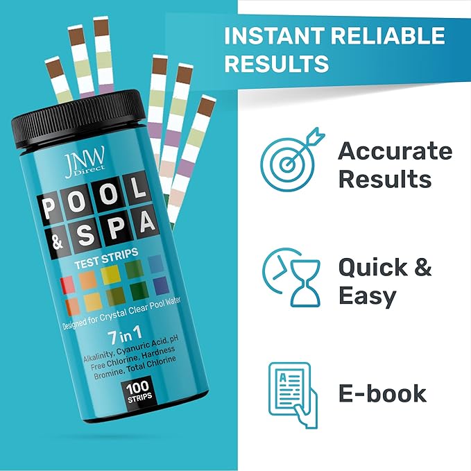 JNW 7-in-1 Pool Test Strips, 100 Quick & Accurate Test Strips for Pool Water, Spa Test Strips for Hot Tub, Chlorine Test Strips, Bromine, pH, Alkalinity, Hardness & More - Swimming Pool Test Kit