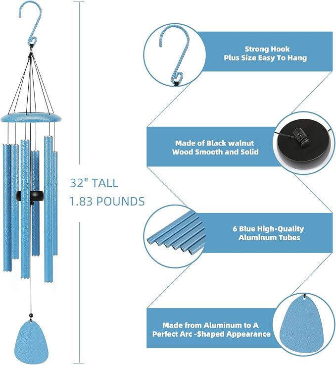 Wind-Chimes-Outdoor-Deep-Tone, Large Soothing Melodic Tones Mobile Windchimes, Wind Chimes for Outside, Memorial Wind Chime Best Gift for Mom Women Grandma Neighbors(32" Blue Coated Aluminum)