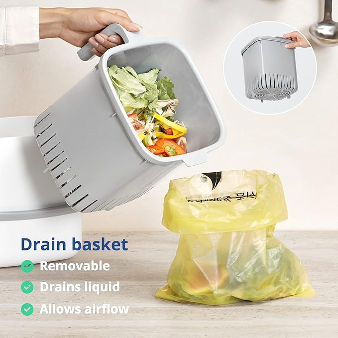 Blue Ginkgo Kitchen Compost Bin [5L / 1.32 GAL] – Filter-Free, Odor-Tight Countertop Food Waste Pail with Handles (Made in Korea, Gray)
