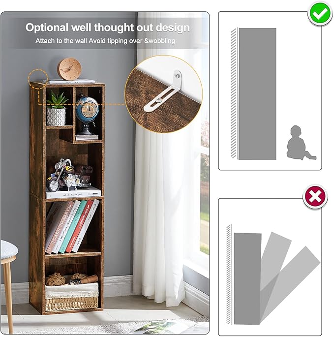 VECELO Small Bookshelf, 5 Cube Slim Bookcase, Fits Tallest Hardcovers, Horizontal Available, Modern Floor Standing Unit, Each Shelf Hold Up to 66 LBS, Vintage Brown
