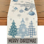 Artoid Mode Blue Pine Trees Merry Christmas Table Runner, Winter Xmas Holiday Kitchen Dining Table Decoration for Home Party Decor 13x72 Inch