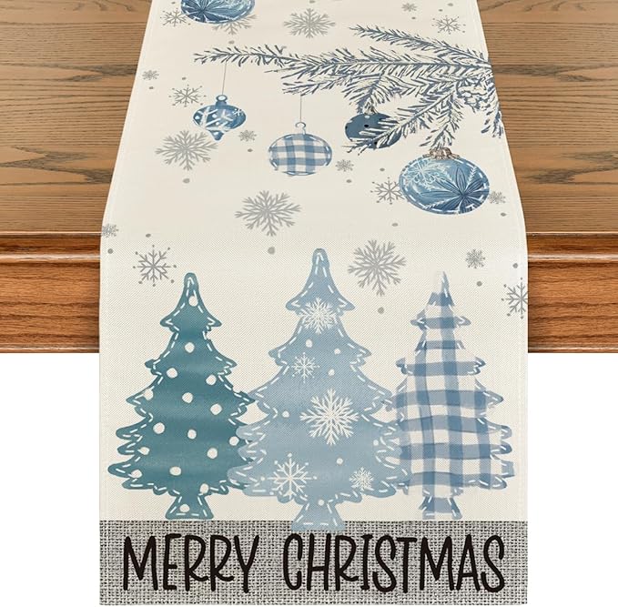 Artoid Mode Blue Pine Trees Merry Christmas Table Runner, Winter Xmas Holiday Kitchen Dining Table Decoration for Home Party Decor 13x72 Inch