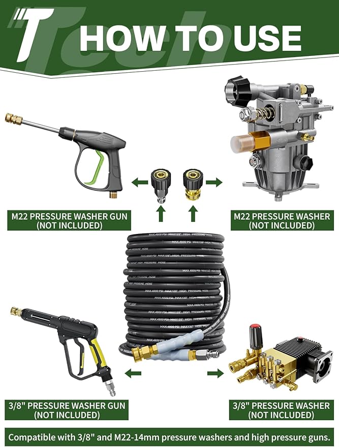 3/8" 4800PSI Pressure Washer Hose 125FT with Swivel Quick Connect for Cold/Hot Water Max 248°F, Kink Resistant Steel Wire Braided, Wear Resistant Power Washer Hose with M22 14mm Adapter