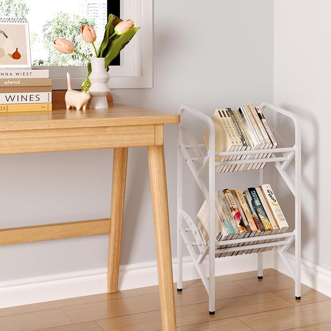 Bookshelf Storage Shelf Bookcase Freestanding Storage Stand Book Organizer for Living Room, Bedroom, Kitchen, Rust Resistance,Easy Assembly Multi-Functional Organizer (2 Tiers, White)