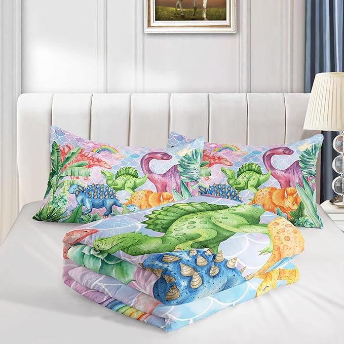 Datura home Kids Dinosaur Comforter Set for Girls Women,Cute Mermaid Scales and Rainbow Cloud Printed Pattern Kawaii Dinosaur Bedding Set with 2 Pillowcases(Dinosaur Rainbow Twin)