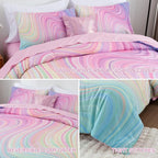 Btargot Super Soft 6 Pieces Gradient Wavy Line Comforter Set, Colorful Glitter Rainbow Star Pattern Bedding Set for Boys Girls Teens, Full Pink Green