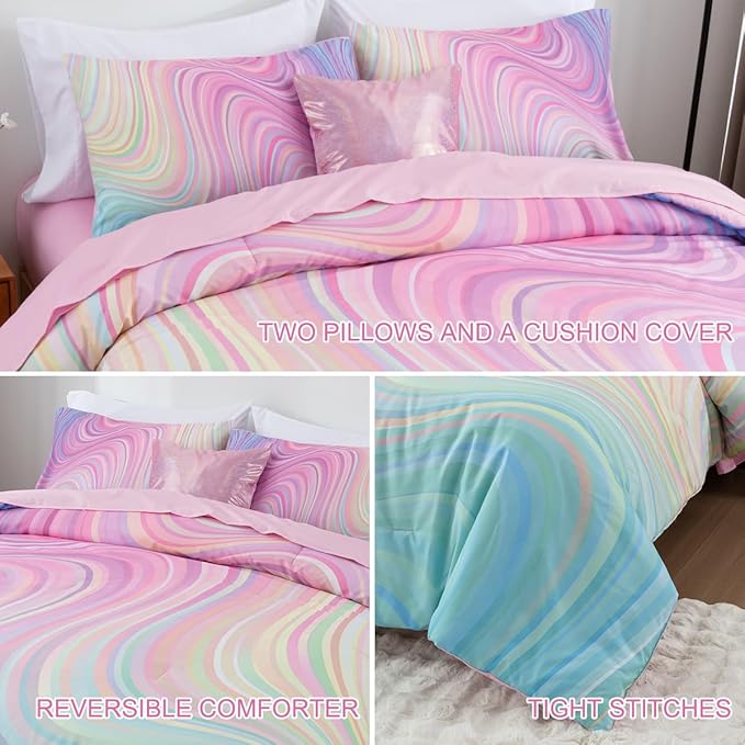 Btargot Super Soft 6 Pieces Gradient Wavy Line Comforter Set, Colorful Glitter Rainbow Star Pattern Bedding Set for Boys Girls Teens, Full Pink Green