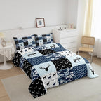 Cute Deer Comforter Set King, Military Camo Bedding Set for Kids Boys Girls Teens Bedroom Tribal Animal Antlers Silhouette Quilted Comforter Checkered Plaid Arrows Bedding Comforters, Army Blue&White