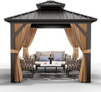 10'x10' Hardtop Gazebo, Heavy Duty Aluminum Permanent Hardtop Gazebo Outdoor Pavilion with Curtains and Netting for Garden (Khaki, 10'x10')