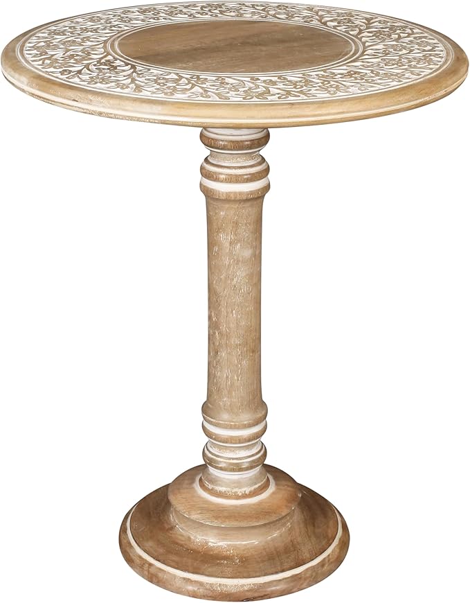 Lightnpro Carved Round End Table with Single Pillar - Handcrafted Accent Bedside Nightstand Side End Table for Living Room, Entryway, Vintage Desk for Books, Plants & Décor - 18x22 Inch - White Wash