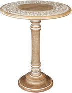 Lightnpro Carved Round End Table with Single Pillar - Handcrafted Accent Bedside Nightstand Side End Table for Living Room, Entryway, Vintage Desk for Books, Plants & Décor - 18x22 Inch - White Wash
