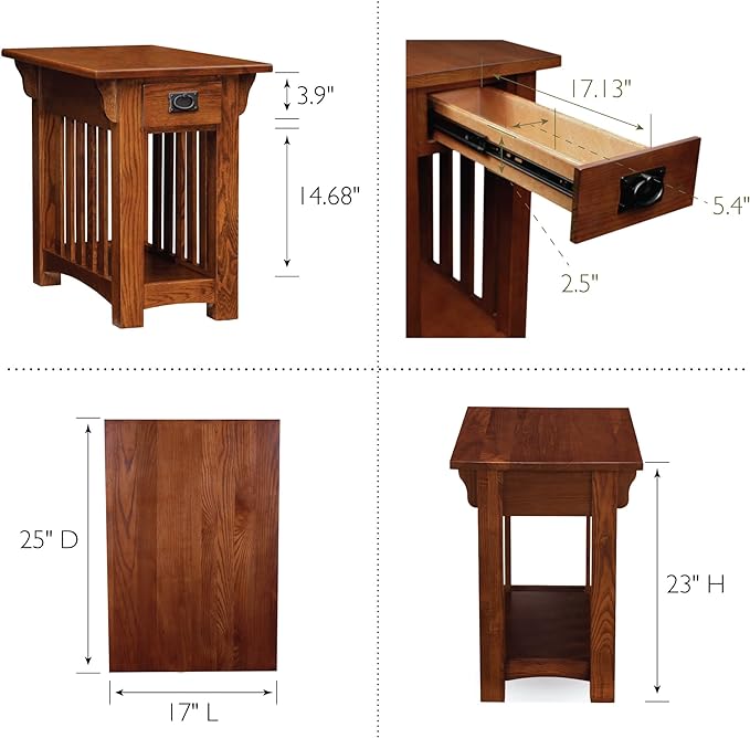 Leick Home 82262 Mission Mantel Height Bookcase with Slatted Sides and Top Drawer, Made with Wood & 8206 Mission Impeccable One Drawer Side Table with Shelf, Furniture, Medium Oak, Russet