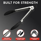 Kitchen Tongs - 12, 9 & 7 Inch Locking Silicone Tongs for Cooking, Set of 3 | Black Tongs with Silicone Tips, Heat Resistant Tongs for Grilling, Serving, Mixing