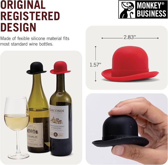 Monkey Business Silicone Wine Stopper | Seals Bottle and Keeps Wine Fresh/Cute Wine Accessories/Kitchen Gadgets/Bowler Hat Bottle Stopper (Set of 2)