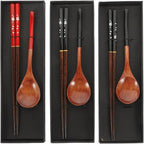 Japanese Spoon and Chopsticks Set 3 Pairs Reusable Travel Utensils Wooden Dining Tableware for Picnic School Office Home 9.84 in