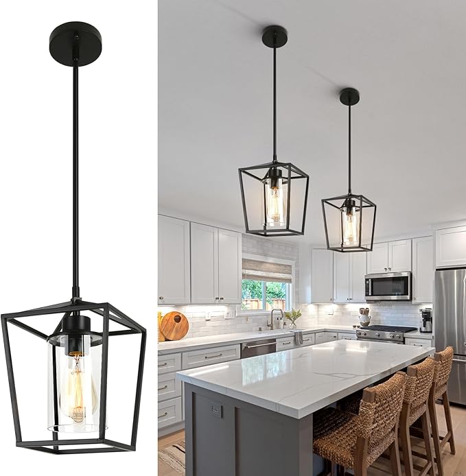 2 Pack 1-Light Black Pendant Lights for Kitchen Island, Farmhouse Metal Pendant Light Iron Cage Hanging Light Fixtures with Clear Glass Shade for Dining Room, Entryway, Hallway, Foyer