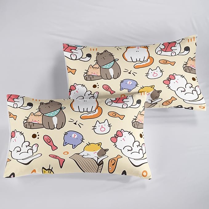 Kawaii Cat Comforter Full,Kawaii Animals Comforter Set for Kids Teens Girls,3Pcs Bedding Set Printed Comforter with 2 Pillowcases,Down Alternative,Soft and Lightweight，Full Size