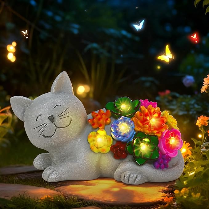 Solar Garden Decor Cat Statue, Outdoor Decor Cat Figurine with Succulentss and 6 LED Lights for Yard Art Lawn Porch, Unique Birthday Gifts for Women Mom