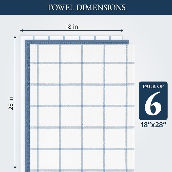 LANE LINEN Cotton Kitchen Towels Set, 6-Pack – Absorbent, Quick-Drying Dish Towels, 18" x 28", Soft, Premium Hand and Tea Towels - Indigo