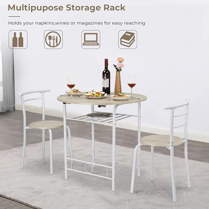 VINGLI 31.5" Drop Leaf Dining Table Set for 2, 3 Pieces Dining Table with Chair for Small Space, Small Kitchen Extendable Folding Dining Table for Dining Room，Home, Apartment, Saving Places, White Oak