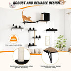 5 Pcs Wall-Mounted Climber Set, Wood Indoor with Shelves and Perches, Ladder, Condo House, Scratching Board and Tree, Wall Shelves Furniture for Cats (Black)
