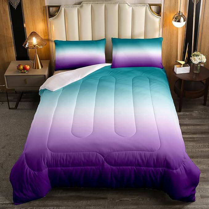 Erosebridal Ombre Comforter Set Green Purple Teal Bedding Set Full Size Colorful Gradient Down Comforter Modern Abstract Quilt Duvet Insert Soft Warm Lightweight 1Comforter with 2 Pillow Cases