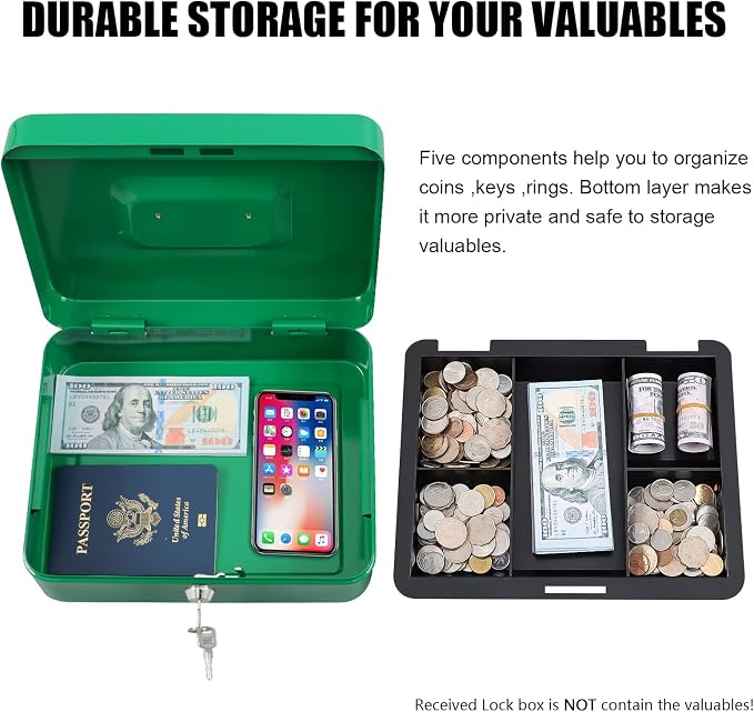 KYODOLED Large Cash Box with Combination Lock,Safe Metal Box for Money, Storage Lock Box with Money Tray,9.84"x 7.87"x 3.54" Green Large