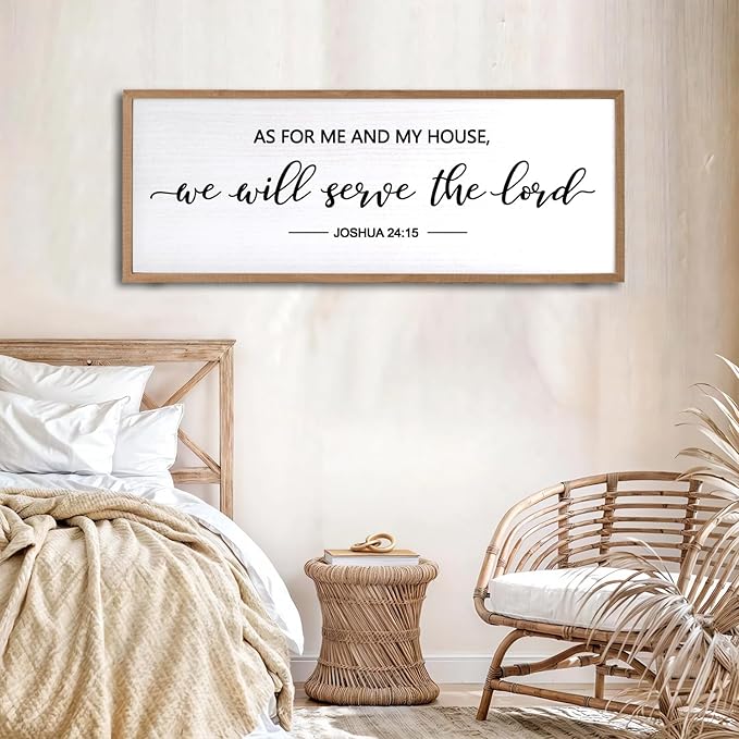 As For Me And My House We Will Serve The Lord Framed Wall Art, 32''×12'' Horizontal Positive Religious Rustic Bible Verse, Vintage Holy Catholic Scripture Decor for Christian God Jesus Christ Prayer