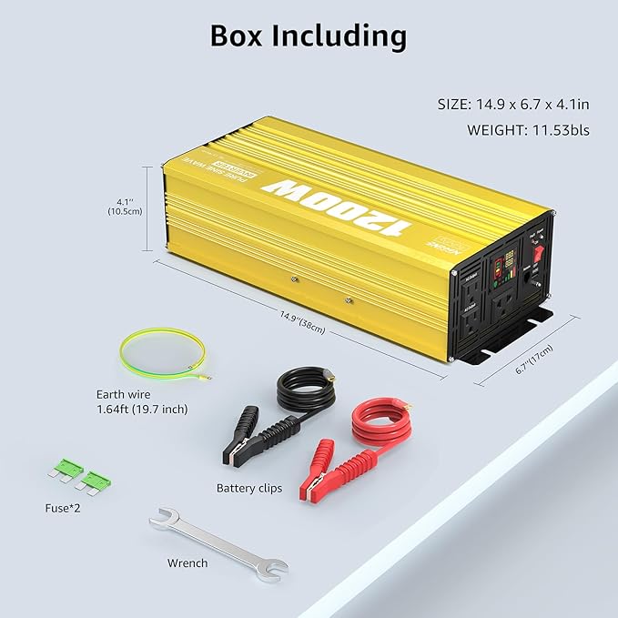 XWJNE 1200 Watt Pure Sine Wave Inverter 12V DC to 120V AC 2400W Peak Power with LED Display for RV Car Truck Off-Grid Solar Power