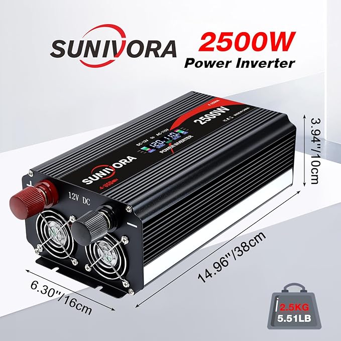 2500 Watt Inverter with LCD & Remote Control 12V DC to 110V/120V AC 60HZ Power Converter 5000W(Peak) with 4 Sockets & 4 USB Ports Power Inverters for Vehicles RV Truck Camping