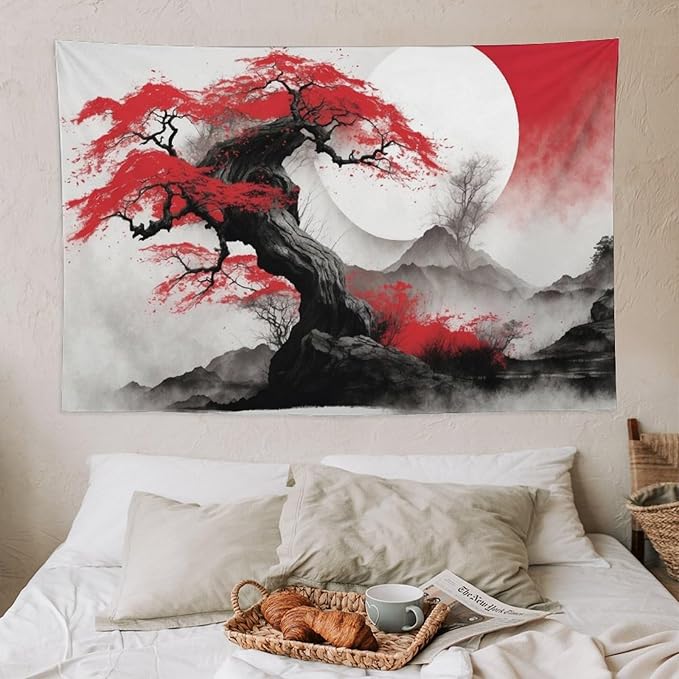 Cherry Blossoms Tapestry,Japanese Red Landscape Asian Watercolor Abstract Art Tapestry,Japanese Wall Tapestry, Nature Landscape Tapestries for Bedroom Living Room Decor 60"x40"