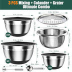 Stainless Steel Mixing Bowls Set with Lids & Silicone Base - 7-Piece Kitchen Gadgets Includes Colander, Grater, Egg Separator, Whisk - Nesting Bowls (1.5, 2, 2.5, 4.5 QT), Dishwasher Safe, Black