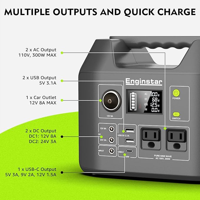 EnginStar Solar Generator, 300W Portable Power Station, 296Wh Lithium Battery Backup w/Two 110V Pure Sine Wave AC Outlet for Camping Road Trip RV, 80000mAh Sufficient Power Supply for Blackout