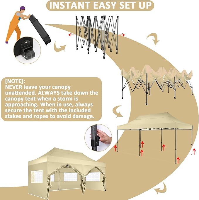 COBIZI 10x20 Pop Up Canopy with 6 Sidewall,Heavy Duty Canopy UPF 50+ All Season Wind Waterproof Commercial Outdoor Wedding Party Tents for Parties Gazebo with Roller Bag(10 x 20 ft Khaki)