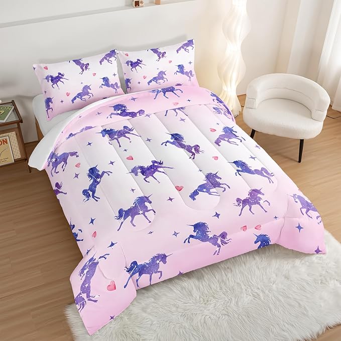 HOSIMA Kawaii Unicorn Comforter,Purple Unicorn with Stars and Love Heart Princess Toddler Bedding Set-Soft Microfiber Full Size Bed in a Bag,Fairycore Room Decor Pink Comforter with 2 Pillowcases.