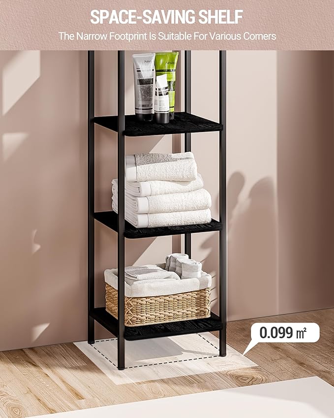 Bookcase Bookshelf, Narrow Book Shelf, Industrial Coner Shelf Storage Organizer, Slim Shelving Unit for Home Office, Living Room, Bedroom, Kitchen, 5-Tier Black BC24504B