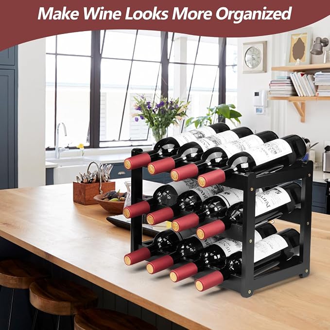 Bamboo Wine Rack, Sturdy and Durable Wine Storage Cabinet Shelf, Wine Racks Countertop for Pantry - 3 Tiers 12 Bottle Wine Rack, Black